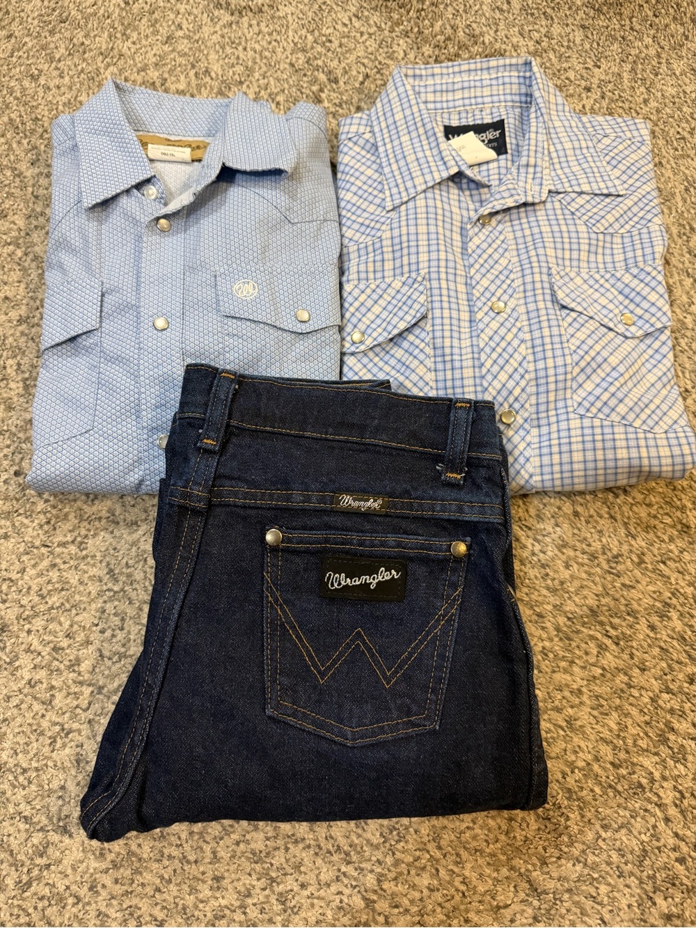 Lot of 3 Western Wear Wrangler Blue Denim Jeans with Light Blue Western Shirts